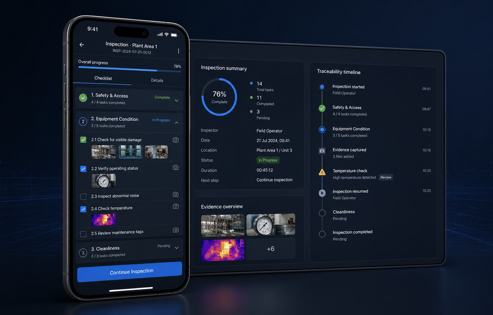Interface mobile de checklist operacional com inspe&ccedil;&otilde;es, evid&ecirc;ncias e rastreabilidade
